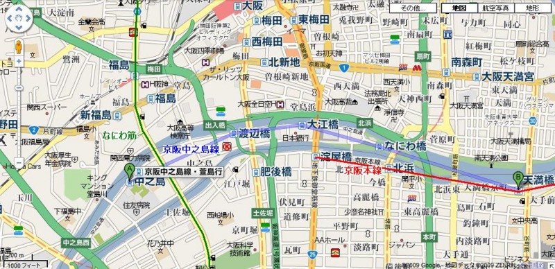 京阪 中之島線 路線図 （中之島−天満橋間 3.0キロ）