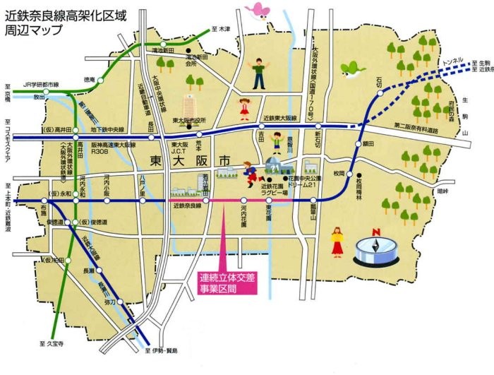 近鉄 奈良線 高架化 区域 周辺 地図 （東大阪市）