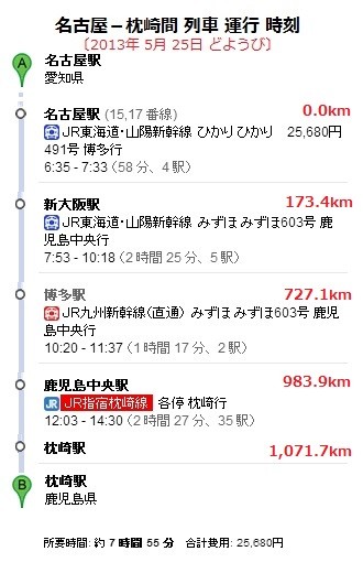 名古屋－枕崎間 列車 運行 時刻