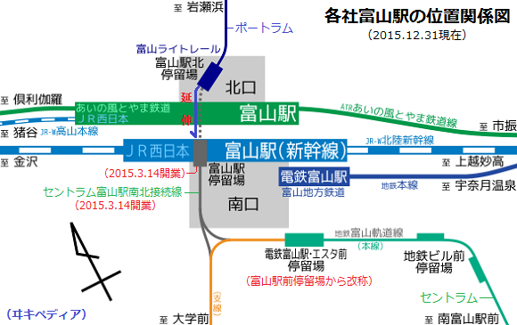 各社富山駅の位置関係図（ヰキペディア）