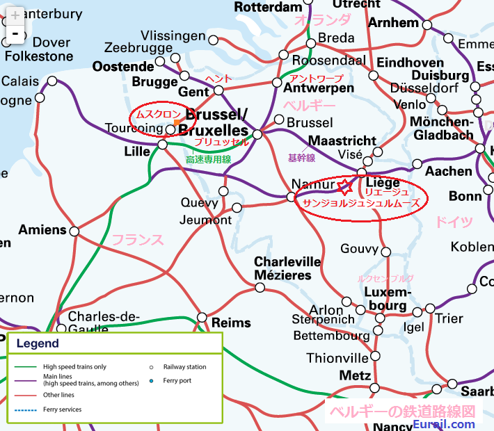 ベルギーの鉄道路線図 （Eurail.com）