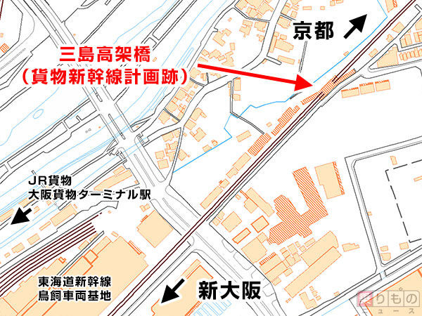 三島高架橋（貨物新幹線計画あと）の位置図