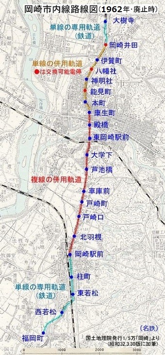 岡崎市内線の路線図（名鉄）