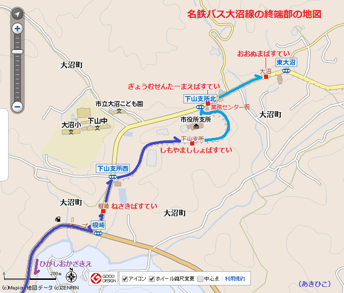 名鉄バス大沼線の終端部の地図（あきひこ） 600-580