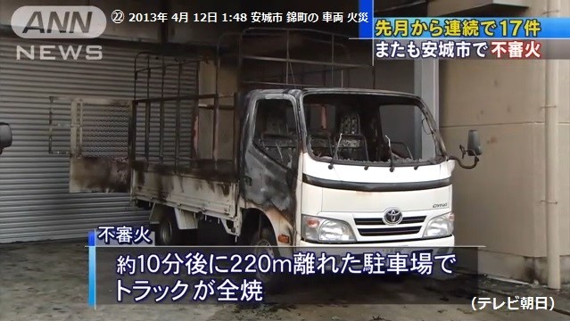 22ばんめ 安城市 錦町の 車両 火災 （テレビ朝日）
