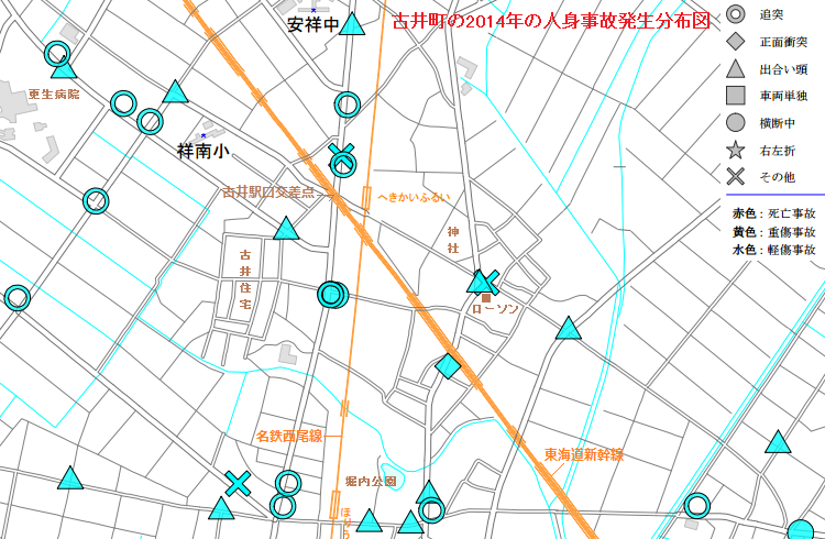 古井町の2014年の人身事故発生分布図
