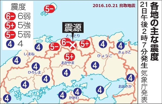 各地のおもな震度 - 2016.10.21 鳥取地震（あさひ）